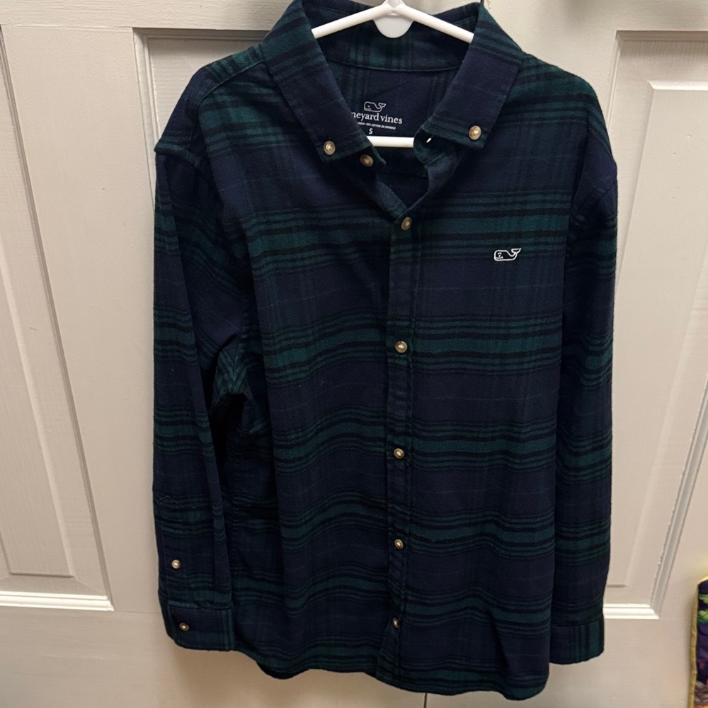 Vineyard Vines Boys’ Navy and Green Flannel Plaid Shirt